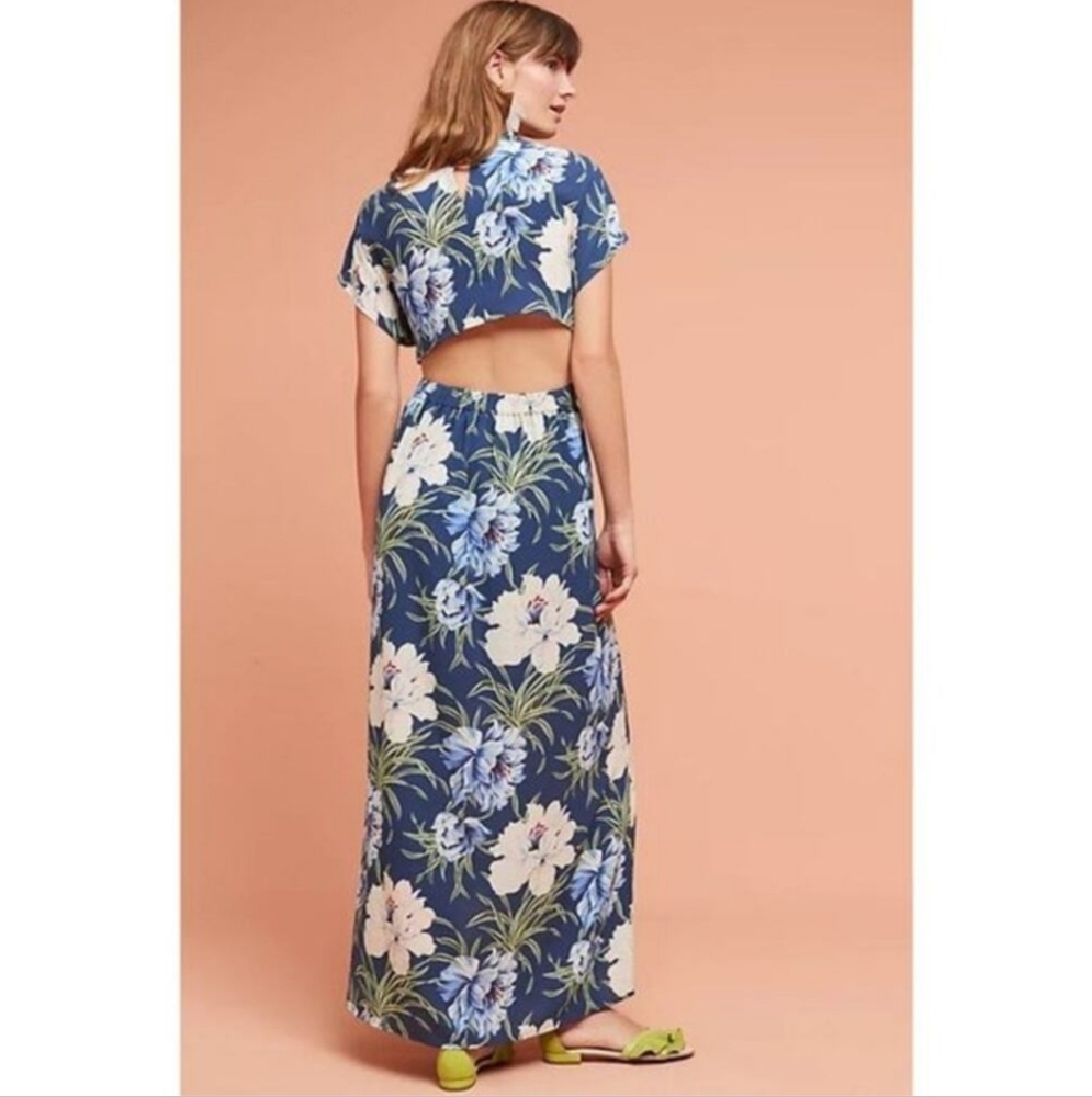 Anthropologie‎ DRA Maxi Dress Santorini Floral Tropical Boho Blue Cream Size L - Picture 2 of 9